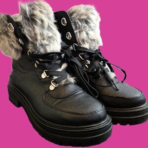 Sun + Stone Women's Faux Fur Leather Combat Lace Up / Zip Black Boots Size 5.5